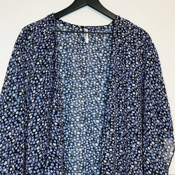 Bohemian Ditsy Floral Blue Kimono Kaftan Open Front Semi Sheer Duster Top - Picture 3 of 8
